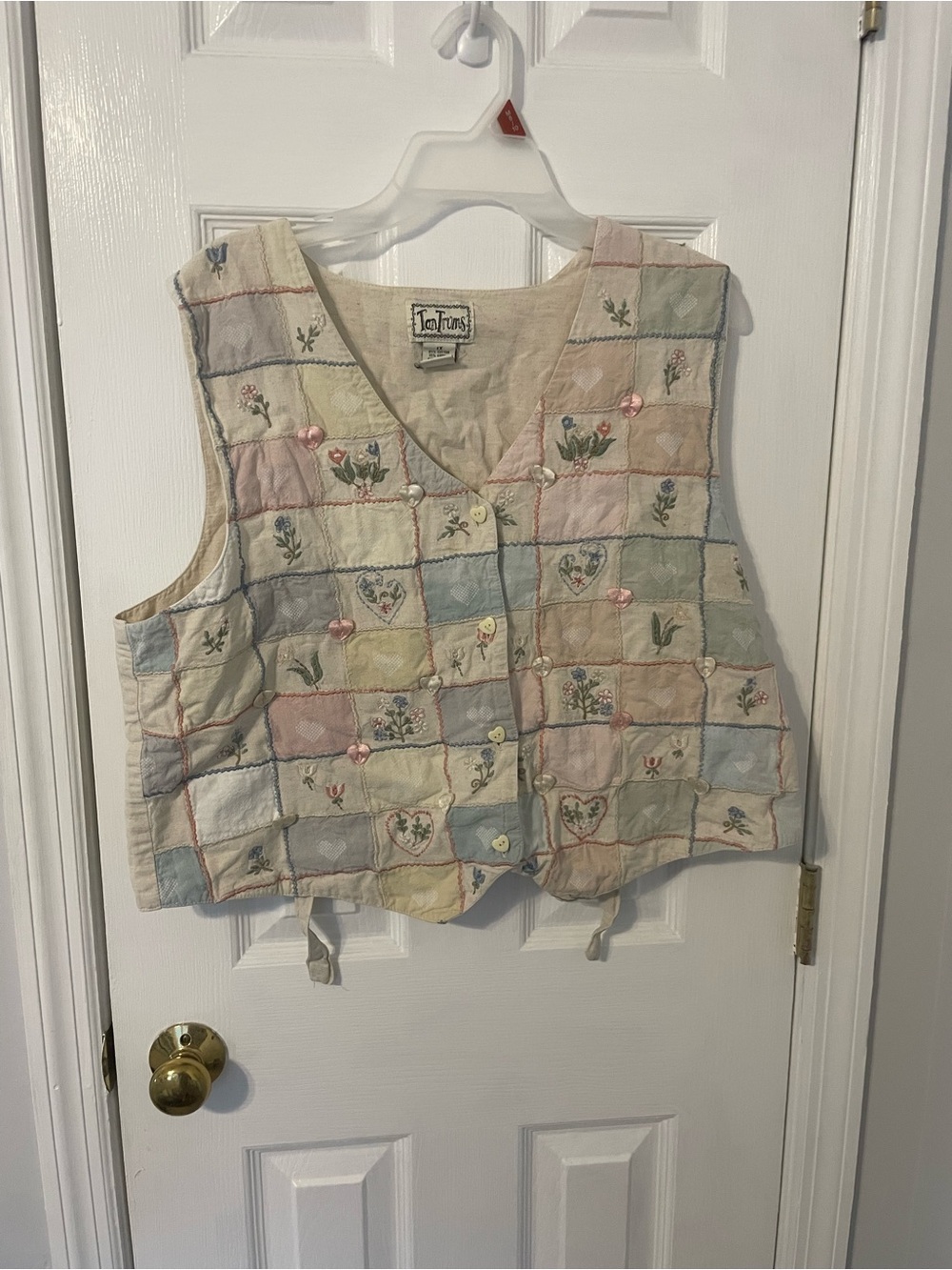 Vintage Cotton Linen Pastel Patchwork Quilted Vest Heart Flower Appliqué Granny